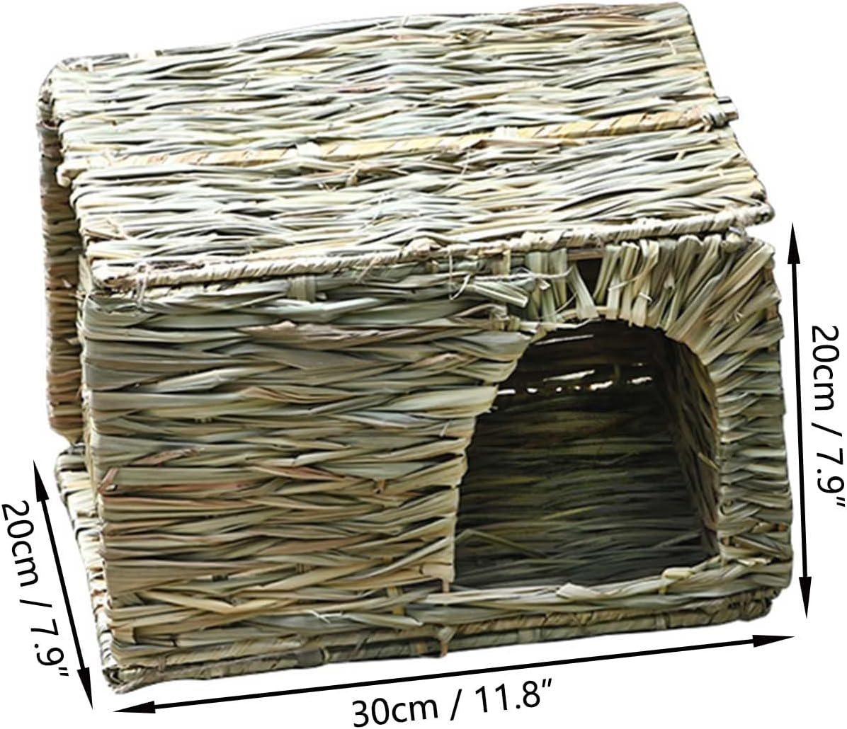 Foldable Grass Woven Animal Hut Bunny House Play Hideaway Bed Mat Chew Toy for Rabbit Guinea Pigs Gerbils Hamster (12"x8"x8")