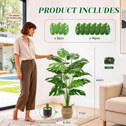 44" Tall Fake Plants with Basket Large Artificial Monstera Plants Indoor, Easy Assembly Faux Tree for Outdoor Office Living Room Bedroom Home Apartment Decor
