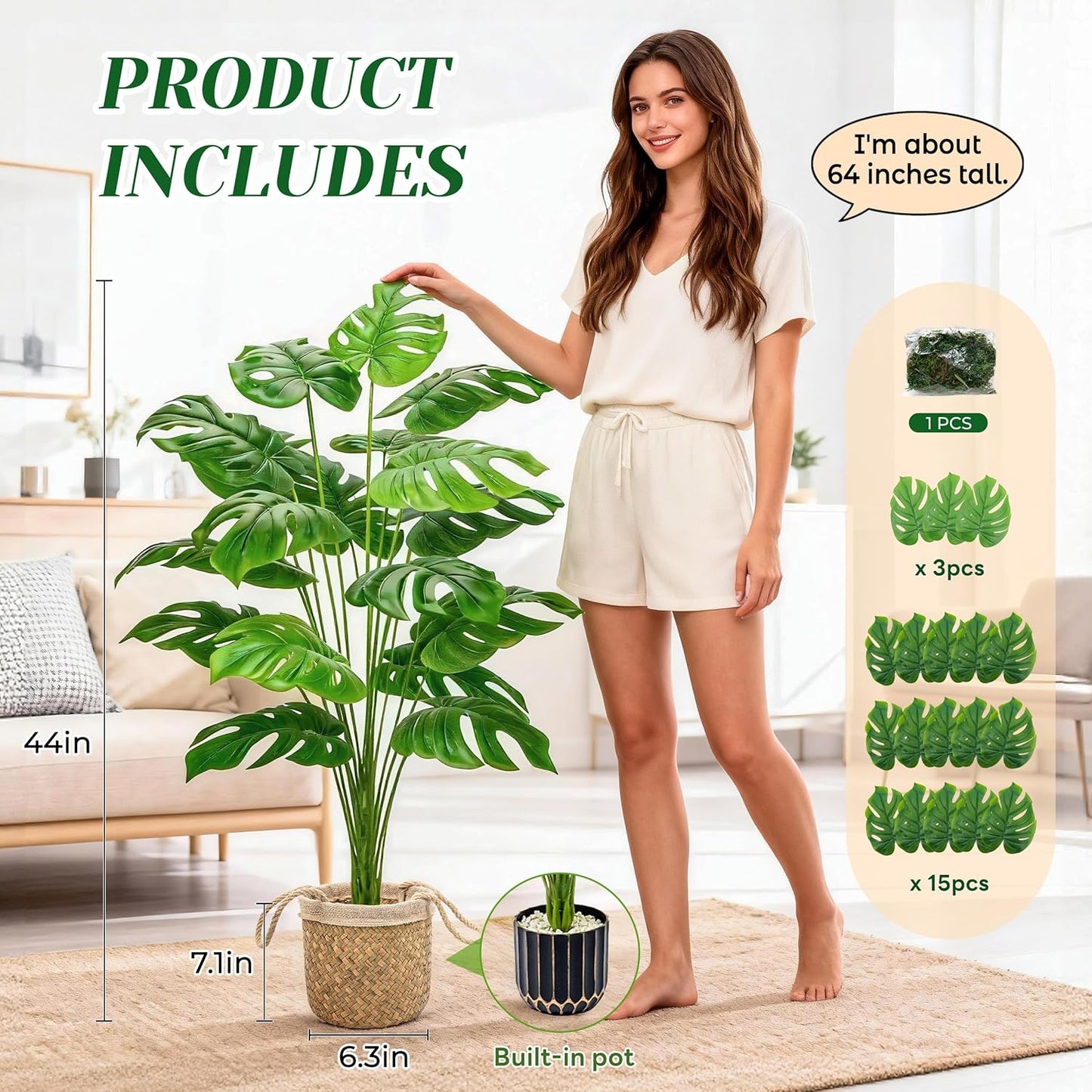 44" Tall Fake Plants with Basket Large Artificial Monstera Plants Indoor, Easy Assembly Faux Tree for Outdoor Office Living Room Bedroom Home Apartment Decor