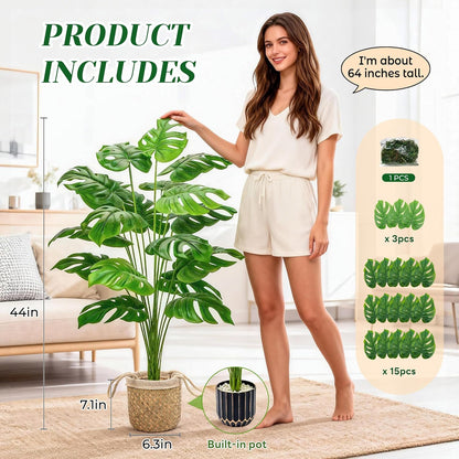 44" Tall Fake Plants with Basket Large Artificial Monstera Plants Indoor, Easy Assembly Faux Tree for Outdoor Office Living Room Bedroom Home Apartment Decor