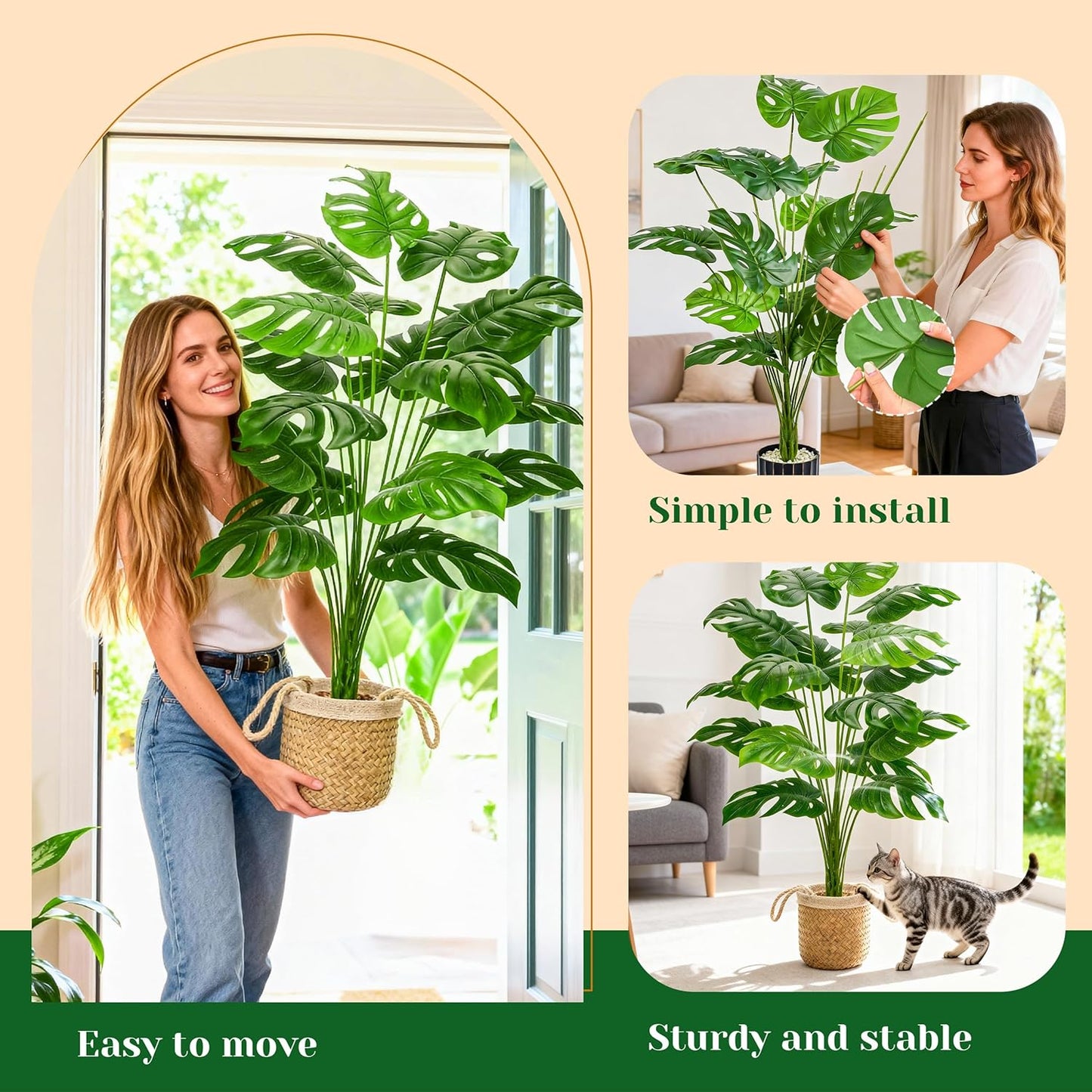 44" Tall Fake Plants with Basket Large Artificial Monstera Plants Indoor, Easy Assembly Faux Tree for Outdoor Office Living Room Bedroom Home Apartment Decor