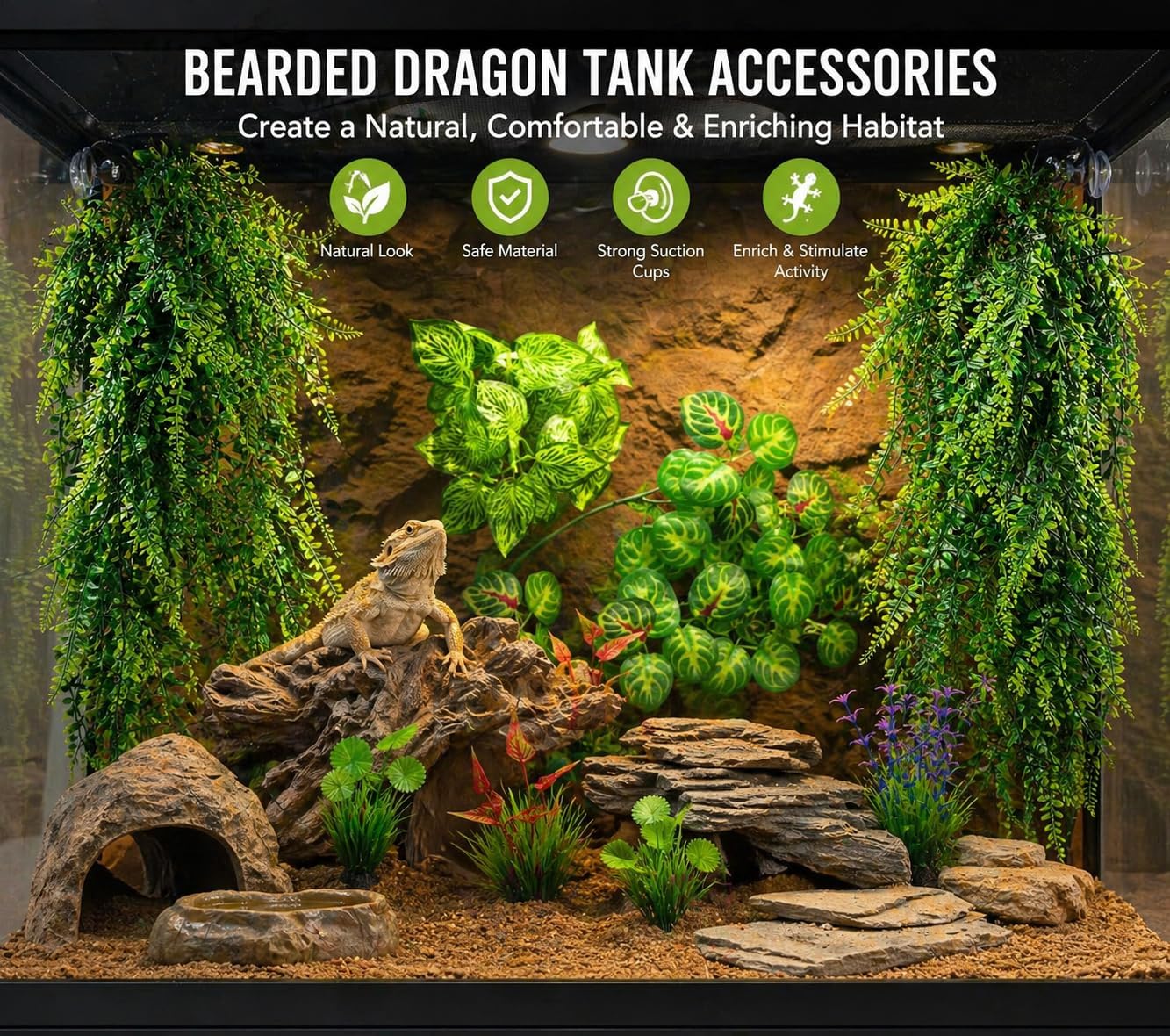 Reptile Plants for Terrarium Tank – Bearded Dragon Tank Accessories, Artificial Hanging Plant Vines, Habitat Decor & Hide for Crested Gecko, Lizard, Snake, Chameleon and Ball Pythons (Group A)