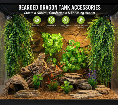 Reptile Plants for Terrarium Tank – Bearded Dragon Tank Accessories, Artificial Hanging Plant Vines, Habitat Decor & Hide for Crested Gecko, Lizard, Snake, Chameleon and Ball Pythons (Group A)
