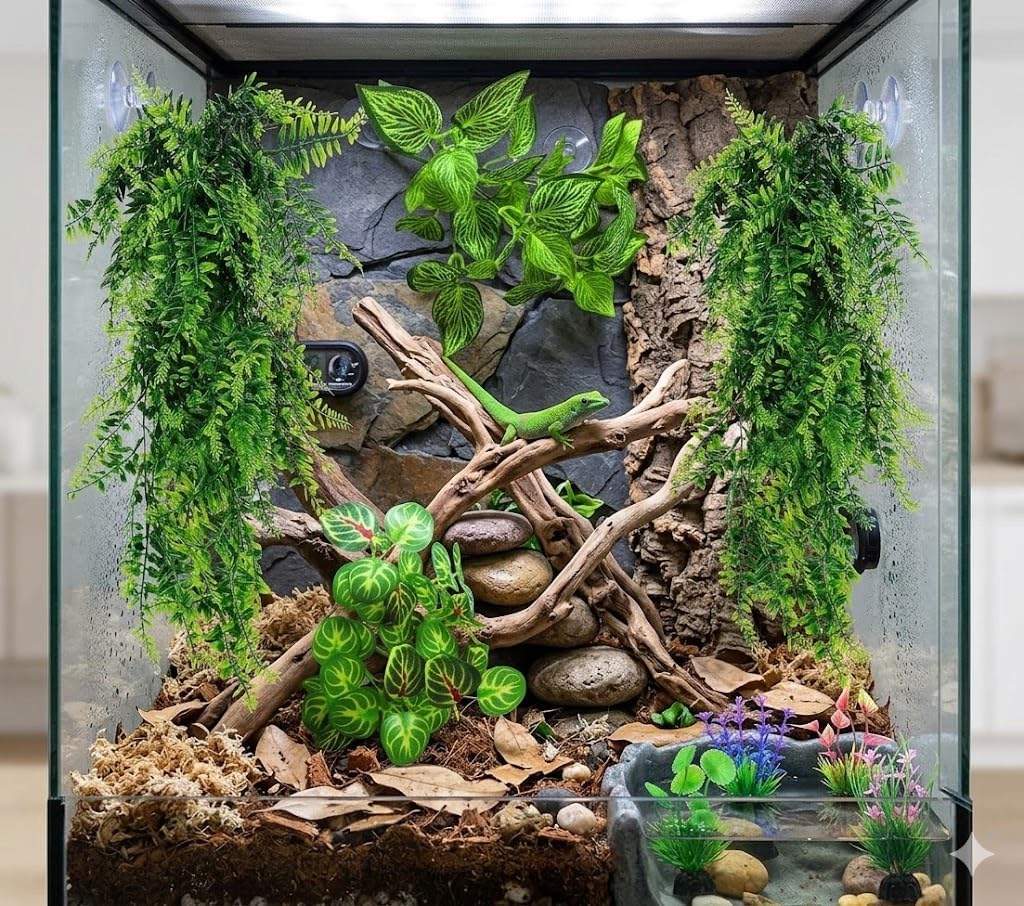 Reptile Plants for Terrarium Tank – Bearded Dragon Tank Accessories, Artificial Hanging Plant Vines, Habitat Decor & Hide for Crested Gecko, Lizard, Snake, Chameleon and Ball Pythons (Group A)