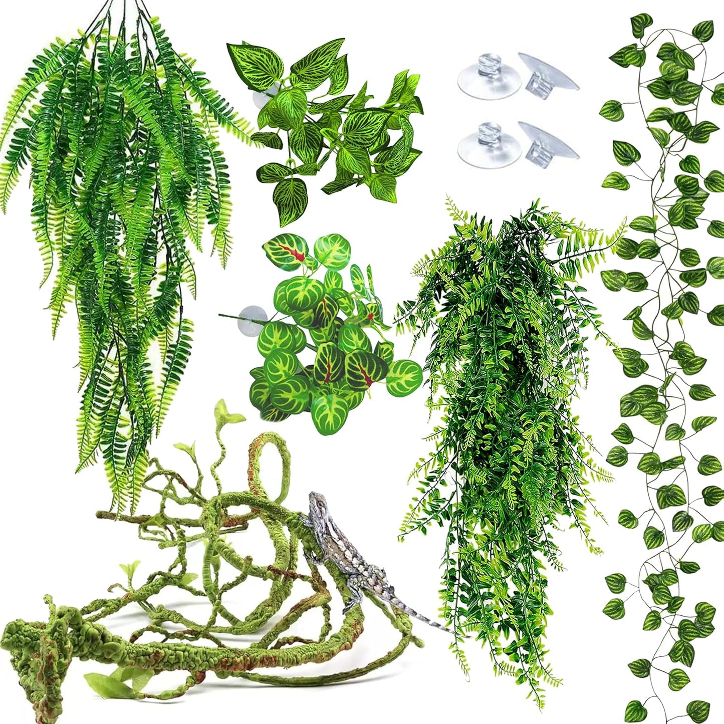 Reptile Plants for Terrarium Tank – Bearded Dragon Tank Accessories, Artificial Hanging Plant Vines, Habitat Decor & Hide for Crested Gecko, Lizard, Snake, Chameleon and Ball Pythons (Group A)