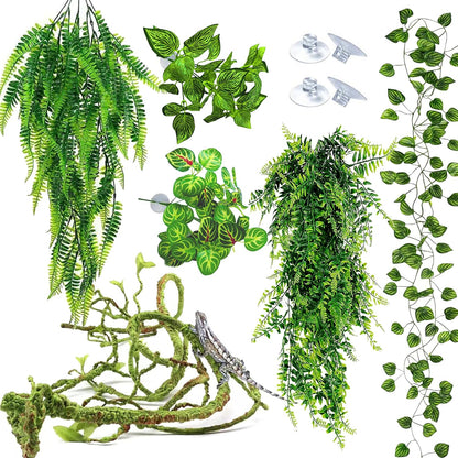 Reptile Plants for Terrarium Tank – Bearded Dragon Tank Accessories, Artificial Hanging Plant Vines, Habitat Decor & Hide for Crested Gecko, Lizard, Snake, Chameleon and Ball Pythons (Group A)