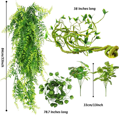 Reptile Plants for Terrarium Tank – Bearded Dragon Tank Accessories, Artificial Hanging Plant Vines, Habitat Decor & Hide for Crested Gecko, Lizard, Snake, Chameleon and Ball Pythons (Group A)