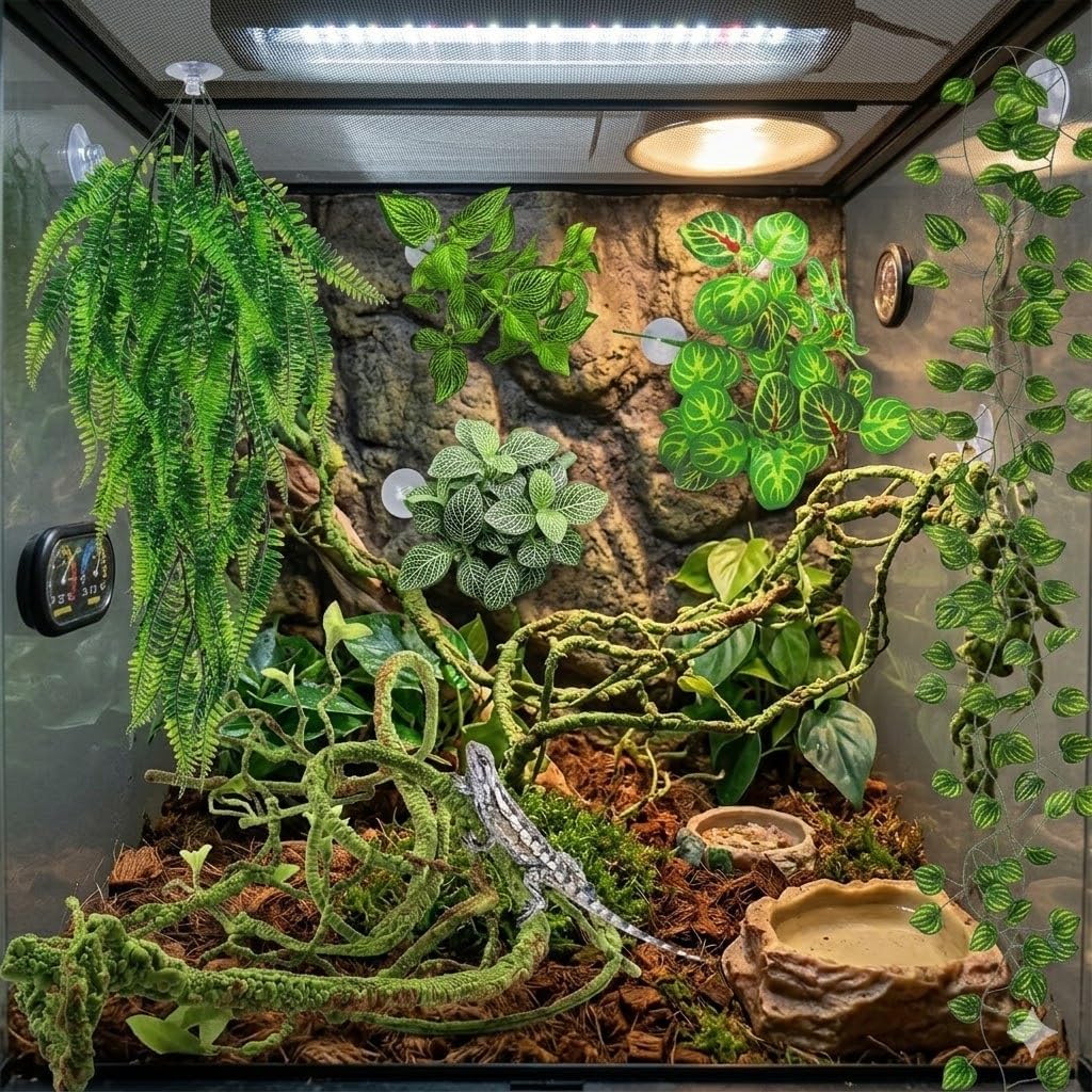 Reptile Plants for Terrarium Tank – Bearded Dragon Tank Accessories, Artificial Hanging Plant Vines, Habitat Decor & Hide for Crested Gecko, Lizard, Snake, Chameleon and Ball Pythons (Group A)