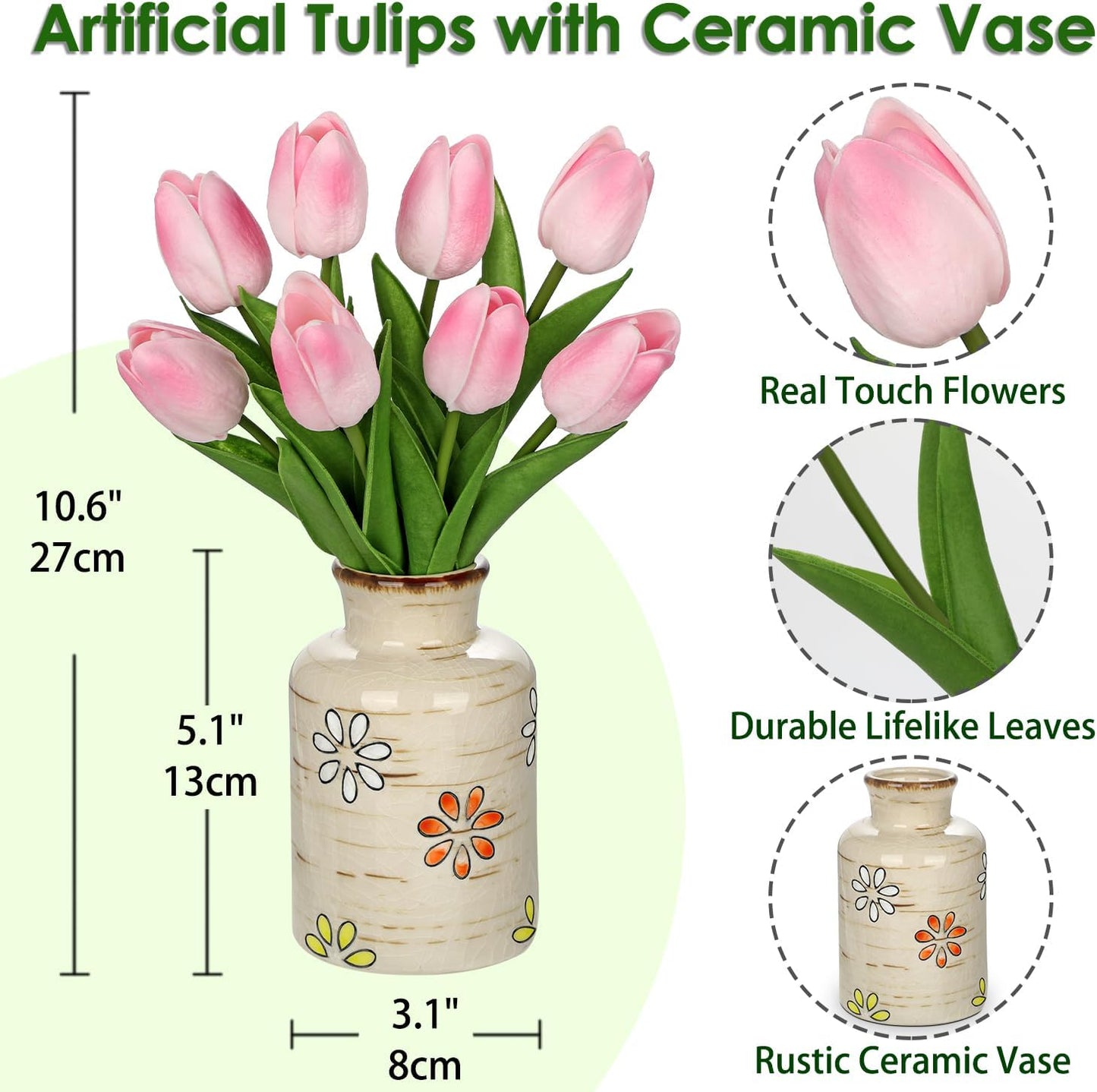 10.6IN Artificial Tulips in Ceramic Vase, Real Touch Flowers Faux Pink Tulips Arrangement for Home Office Wedding Anniversary Party Table Centerpiece Spring Easter Decor