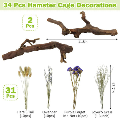 2Pcs Hamster Climbing Branches Decor 11.8in Rat Tree Logs Toy Wooden Gerbil Habitat Ornament Small Animal Cage Accessories with 31Pcs Natural Flower Hamster Mate Herbs
