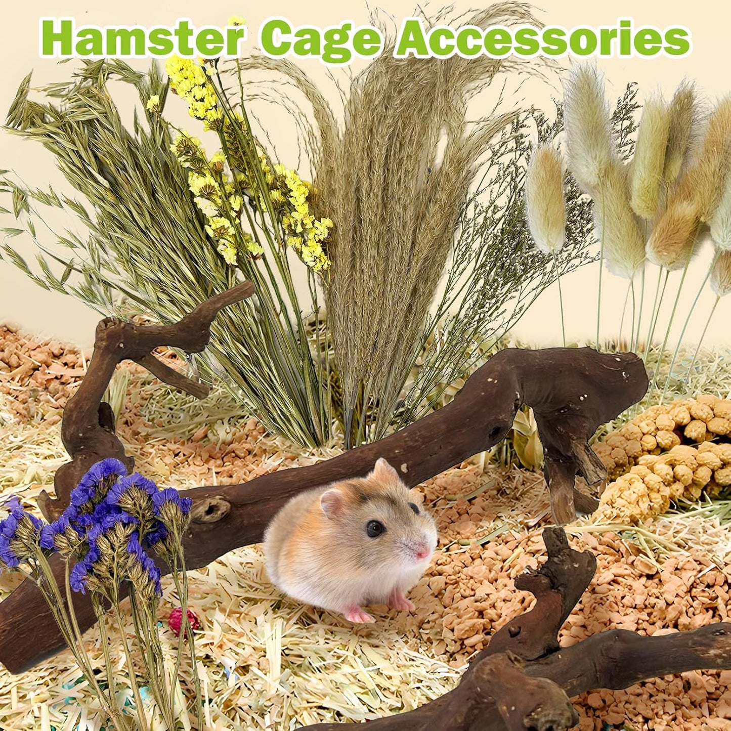 2Pcs Hamster Climbing Branches Decor 11.8in Rat Tree Logs Toy Wooden Gerbil Habitat Ornament Small Animal Cage Accessories with 31Pcs Natural Flower Hamster Mate Herbs