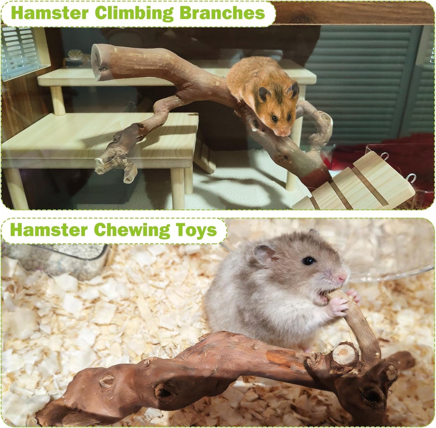 2Pcs Hamster Climbing Branches Decor 11.8in Rat Tree Logs Toy Wooden Gerbil Habitat Ornament Small Animal Cage Accessories with 31Pcs Natural Flower Hamster Mate Herbs