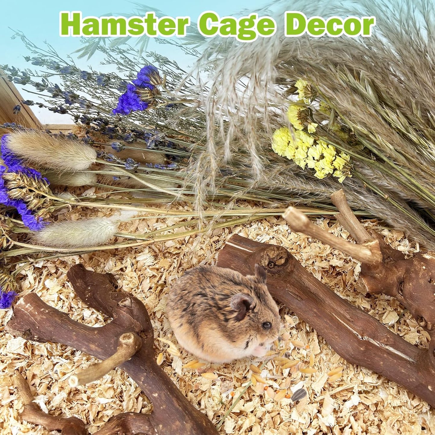 2Pcs Hamster Climbing Branches Decor 11.8in Rat Tree Logs Toy Wooden Gerbil Habitat Ornament Small Animal Cage Accessories with 31Pcs Natural Flower Hamster Mate Herbs