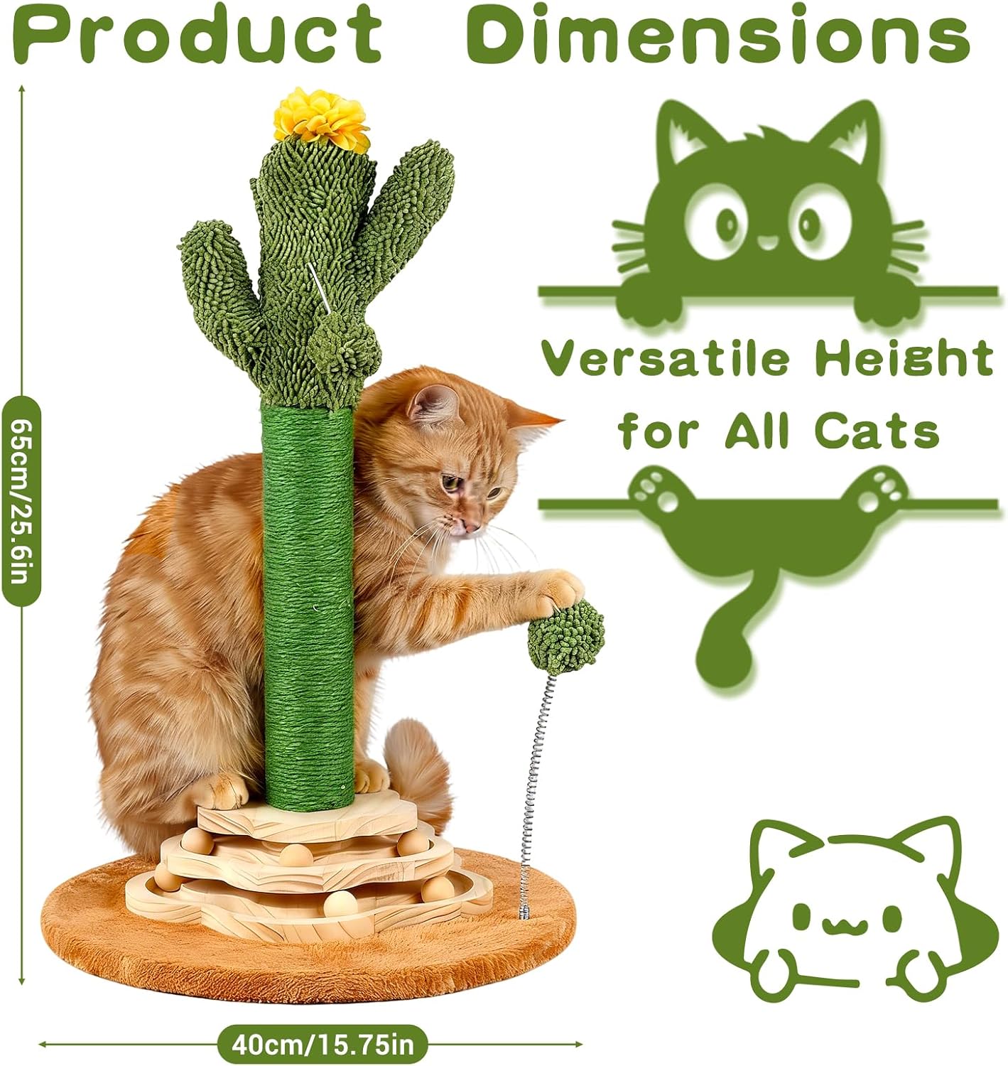 Cactus Cat Scratching Post Cat Tree, Cute Cat Scratching Post with Interactive Ball Two-Layer Track Spring Ball Toys, Standing Sisal Cactus Cat Scratcher for Indoor Cats and Kittens