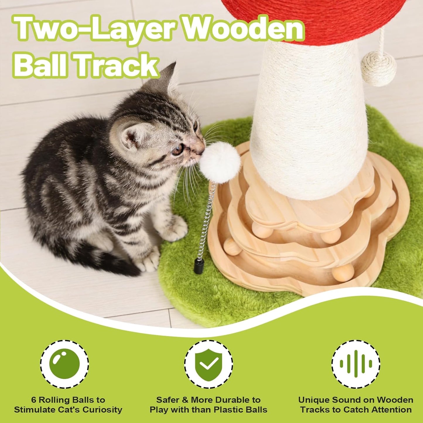 Cactus Cat Scratching Post Cat Tree, Cute Cat Scratching Post with Interactive Ball Two-Layer Track Spring Ball Toys, Standing Sisal Cactus Cat Scratcher for Indoor Cats and Kittens