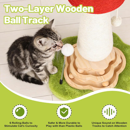 Cactus Cat Scratching Post Cat Tree, Cute Cat Scratching Post with Interactive Ball Two-Layer Track Spring Ball Toys, Standing Sisal Cactus Cat Scratcher for Indoor Cats and Kittens