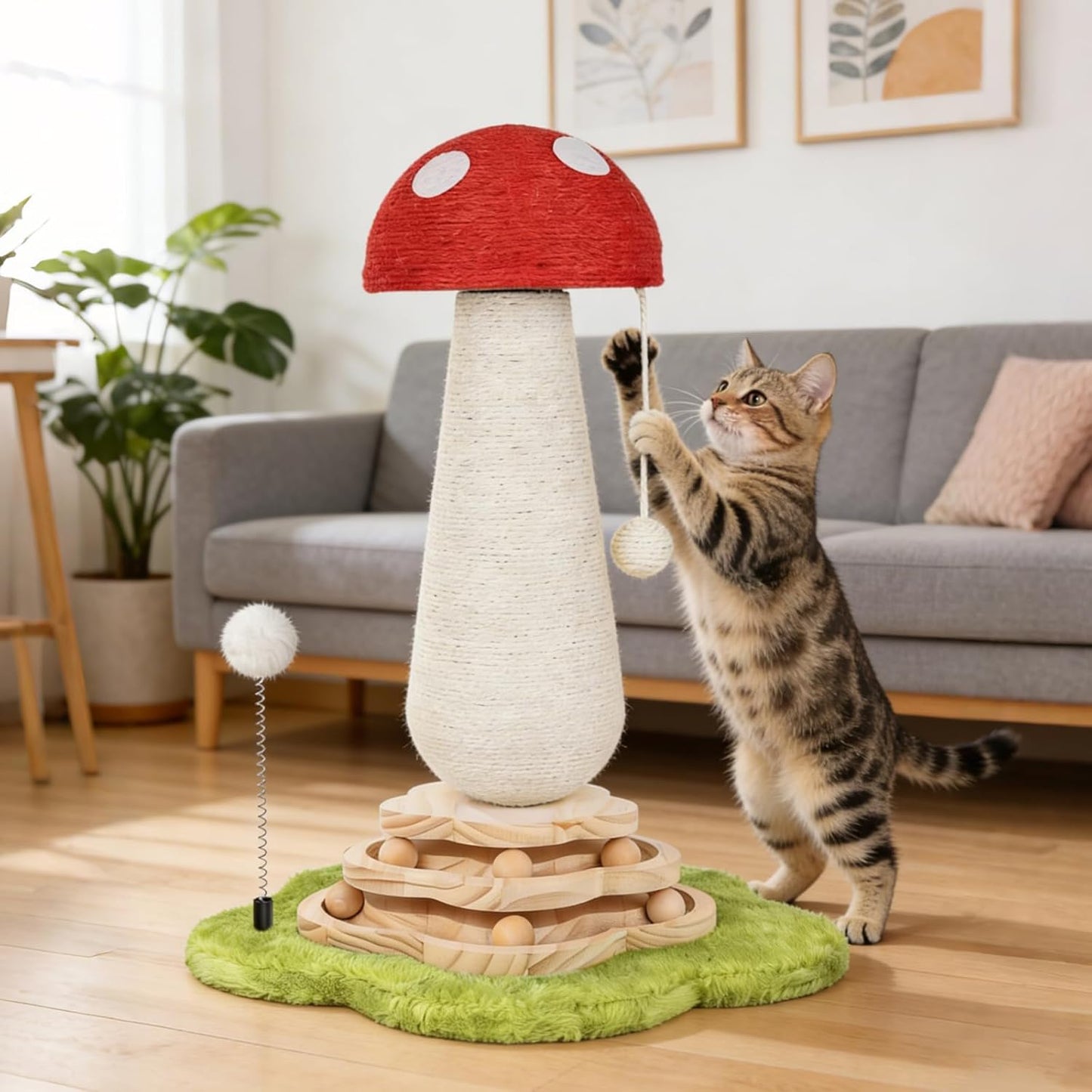 Cactus Cat Scratching Post Cat Tree, Cute Cat Scratching Post with Interactive Ball Two-Layer Track Spring Ball Toys, Standing Sisal Cactus Cat Scratcher for Indoor Cats and Kittens