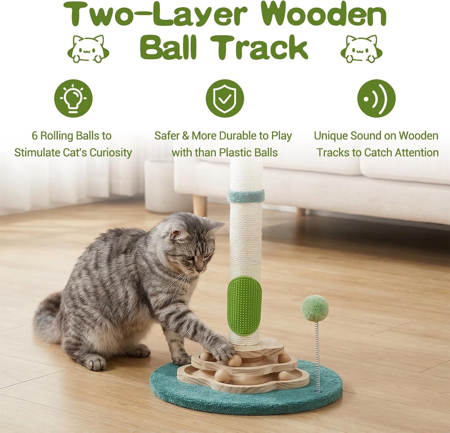 Cactus Cat Scratching Post Cat Tree, Cute Cat Scratching Post with Interactive Ball Two-Layer Track Spring Ball Toys, Standing Sisal Cactus Cat Scratcher for Indoor Cats and Kittens