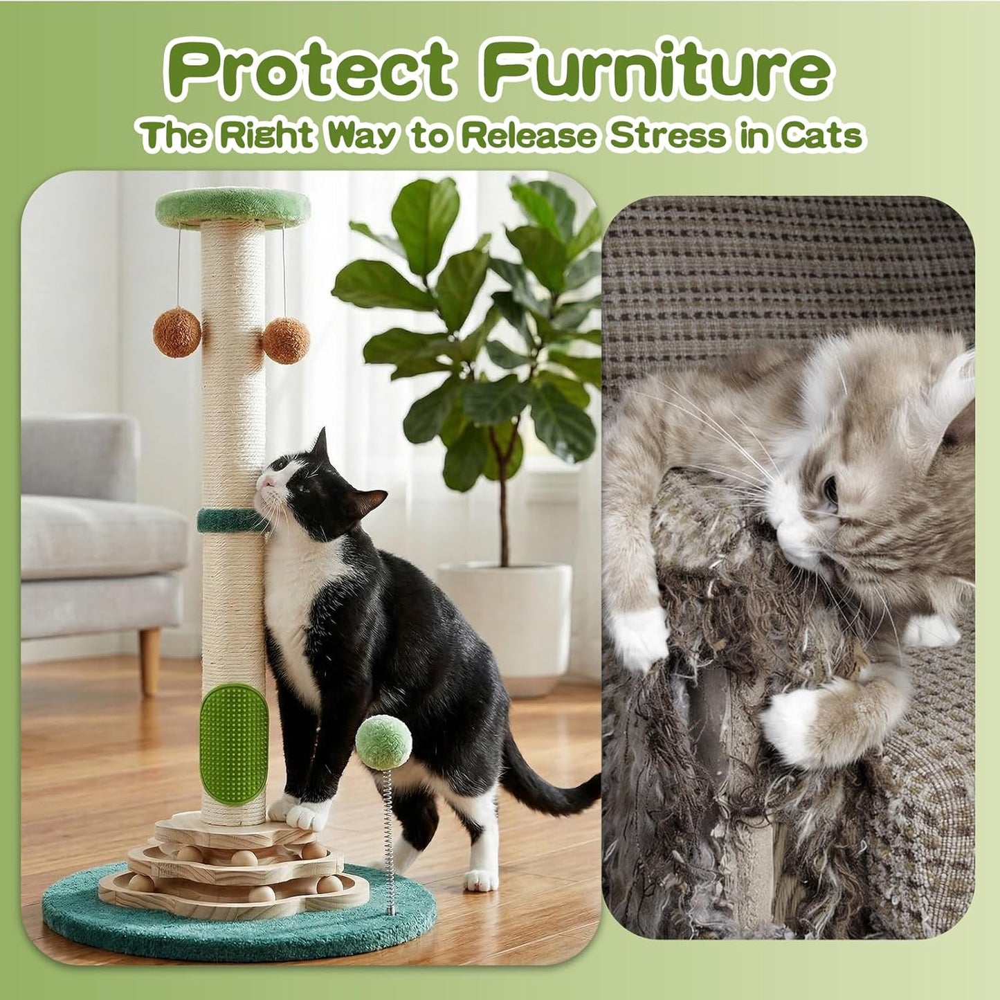 Cactus Cat Scratching Post Cat Tree, Cute Cat Scratching Post with Interactive Ball Two-Layer Track Spring Ball Toys, Standing Sisal Cactus Cat Scratcher for Indoor Cats and Kittens