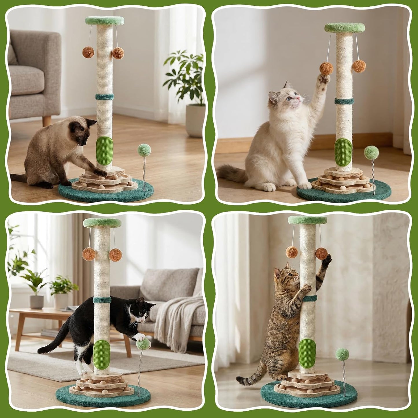 Cactus Cat Scratching Post Cat Tree, Cute Cat Scratching Post with Interactive Ball Two-Layer Track Spring Ball Toys, Standing Sisal Cactus Cat Scratcher for Indoor Cats and Kittens