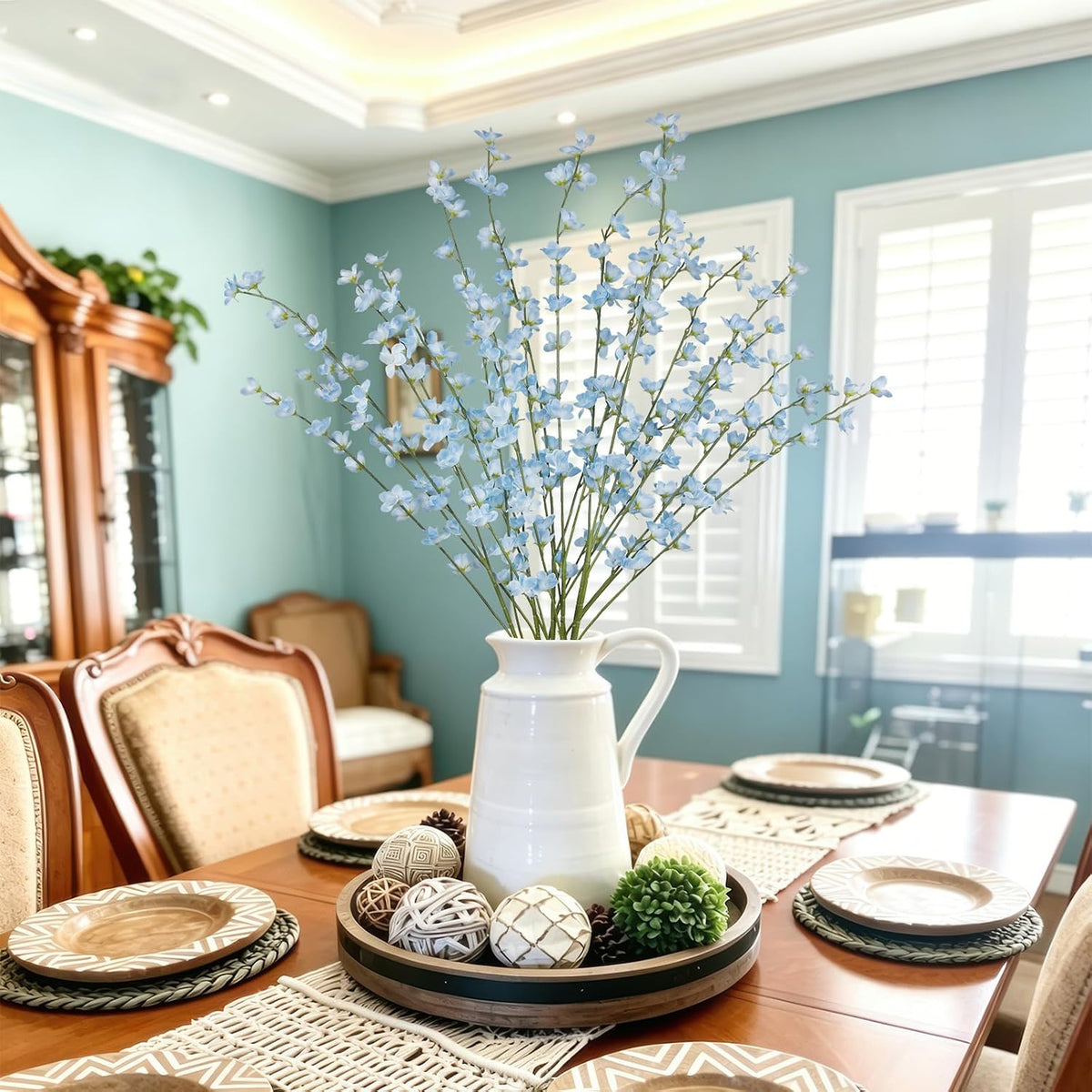 6 Pcs Artificial Forsythia Branches Fake Wildflowers Baby Blue 41" Silk Flowers with Long Stems Faux Spring Flowers for Tall Vase Indoor Home Decor Table Centerpieces Party Wedding Outdoor