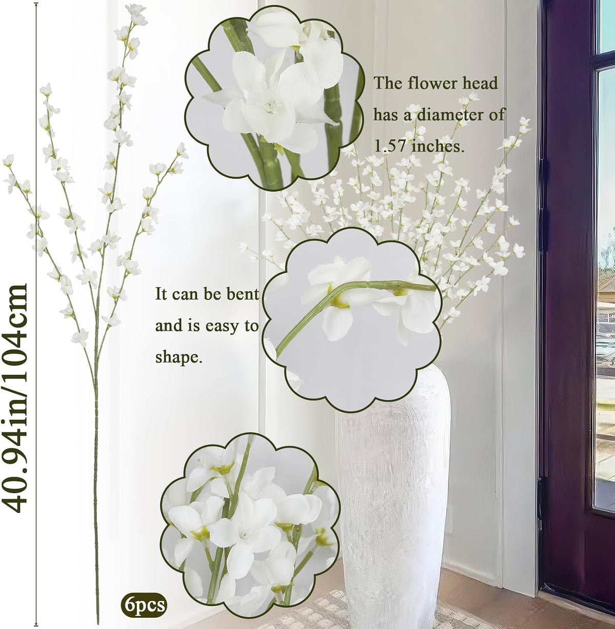 6 Pcs Artificial Forsythia Branches Fake Wildflowers Baby Blue 41" Silk Flowers with Long Stems Faux Spring Flowers for Tall Vase Indoor Home Decor Table Centerpieces Party Wedding Outdoor