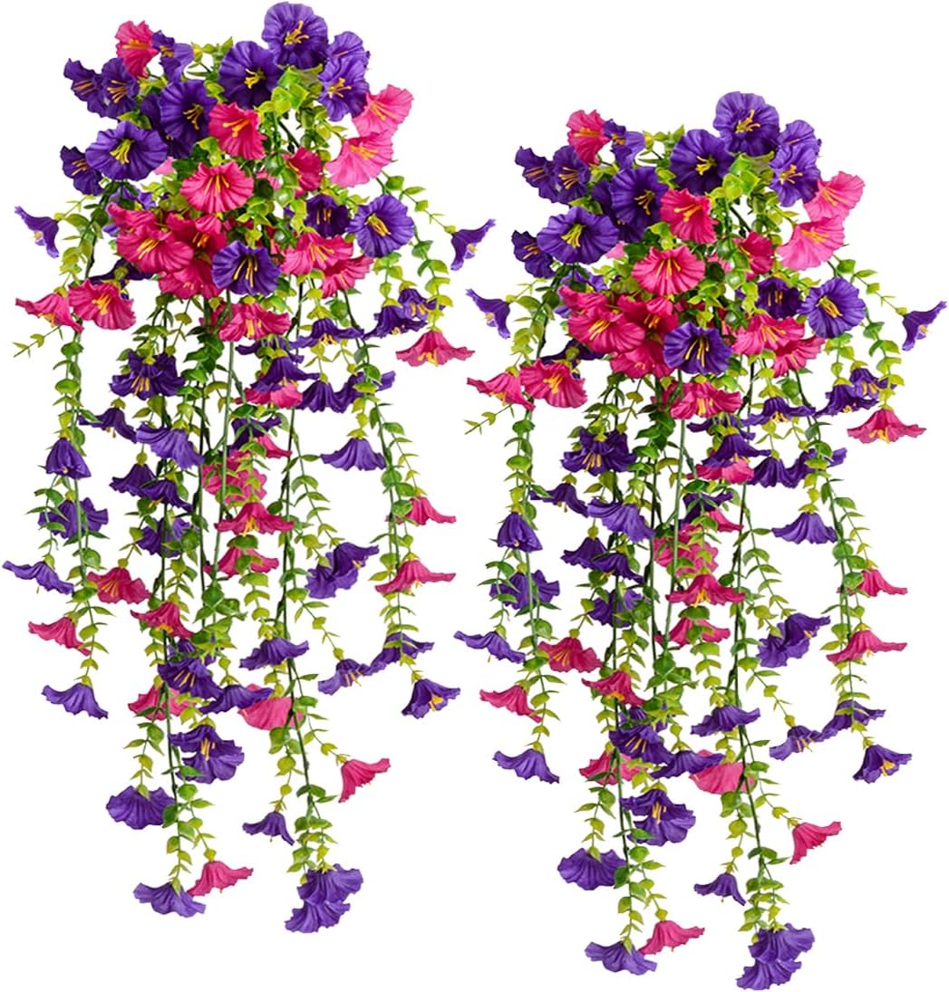 Artificial Fake Hanging Flowers Plants 2pack Faux Silk Daisy with Eucalyptus Leaves UV Resistant for Outside Home Indoor Planter Porch Patio Balcony Yard Decor (2, Purple)