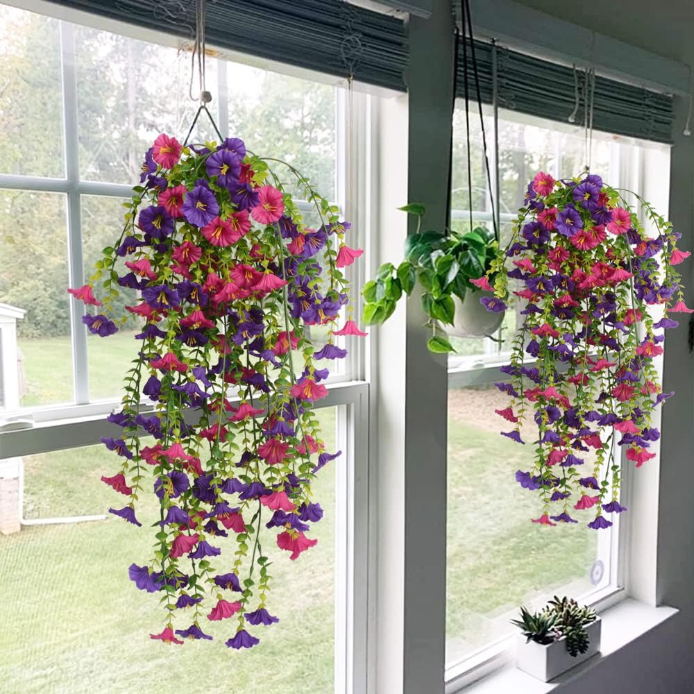 Artificial Fake Hanging Flowers Plants 2pack Faux Silk Daisy with Eucalyptus Leaves UV Resistant for Outside Home Indoor Planter Porch Patio Balcony Yard Decor (2, Purple)