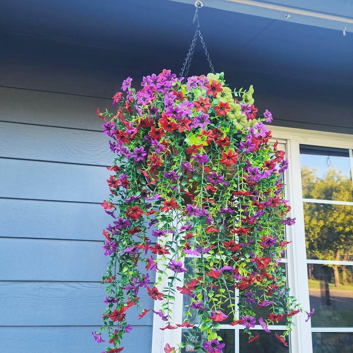 Artificial Fake Hanging Flowers Plants 2pack Faux Silk Daisy with Eucalyptus Leaves UV Resistant for Outside Home Indoor Planter Porch Patio Balcony Yard Decor (2, Purple)