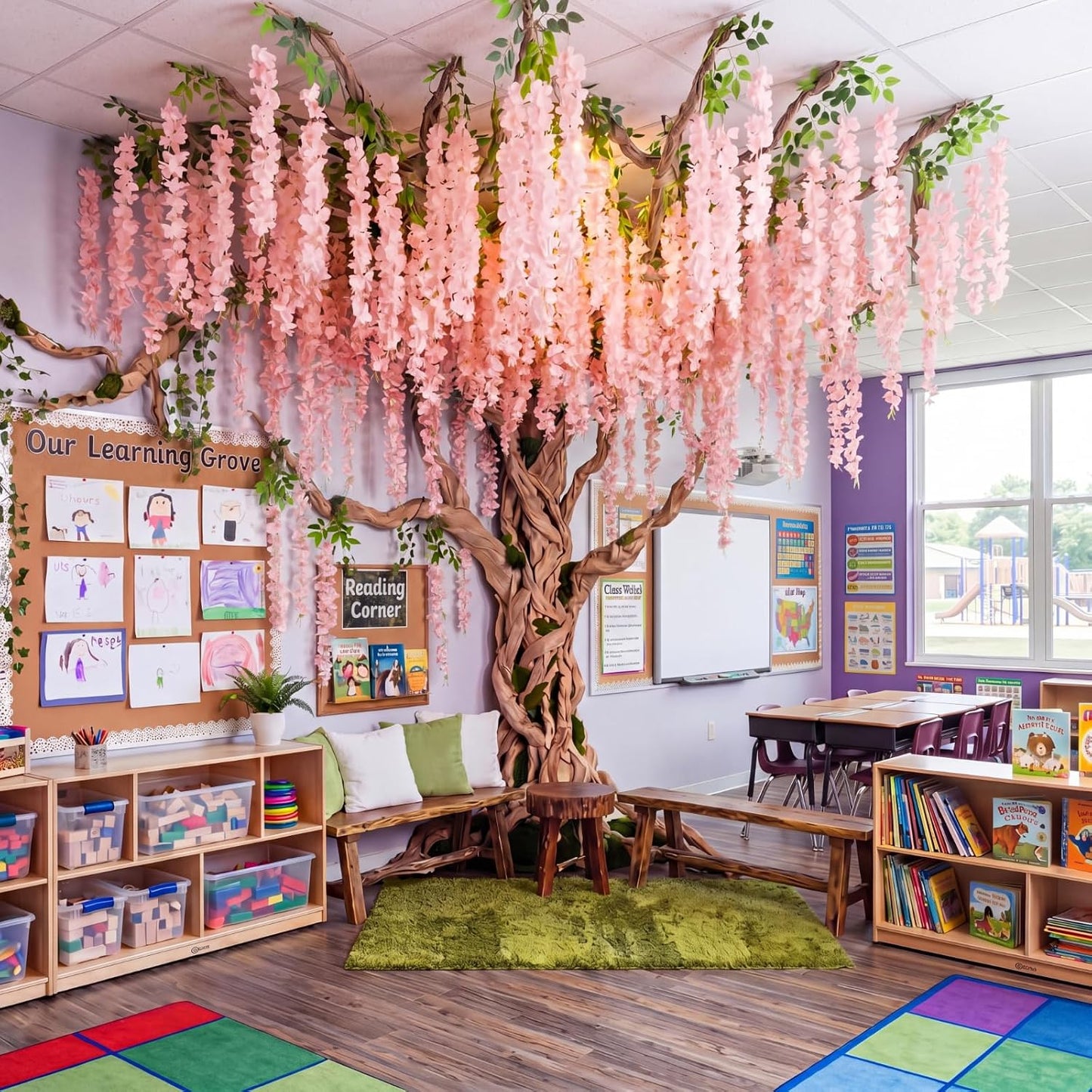 3D Wisteria Tree Classroom Tree Wall Decor for Room Ceiling Artificial Wisteria Hanging Garland Vine Cardboard Paper for Fairy Forest Back to School Bulletin Board Decoration DIY(White)