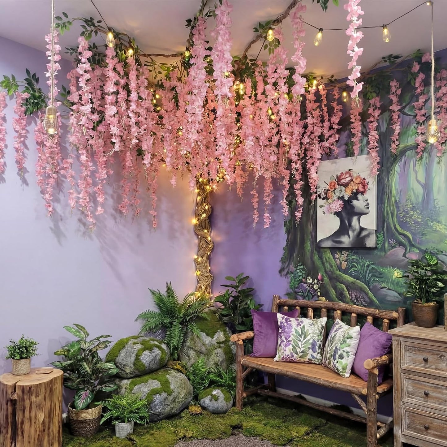3D Wisteria Tree Classroom Tree Wall Decor for Room Ceiling Artificial Wisteria Hanging Garland Vine Cardboard Paper for Fairy Forest Back to School Bulletin Board Decoration DIY(White)