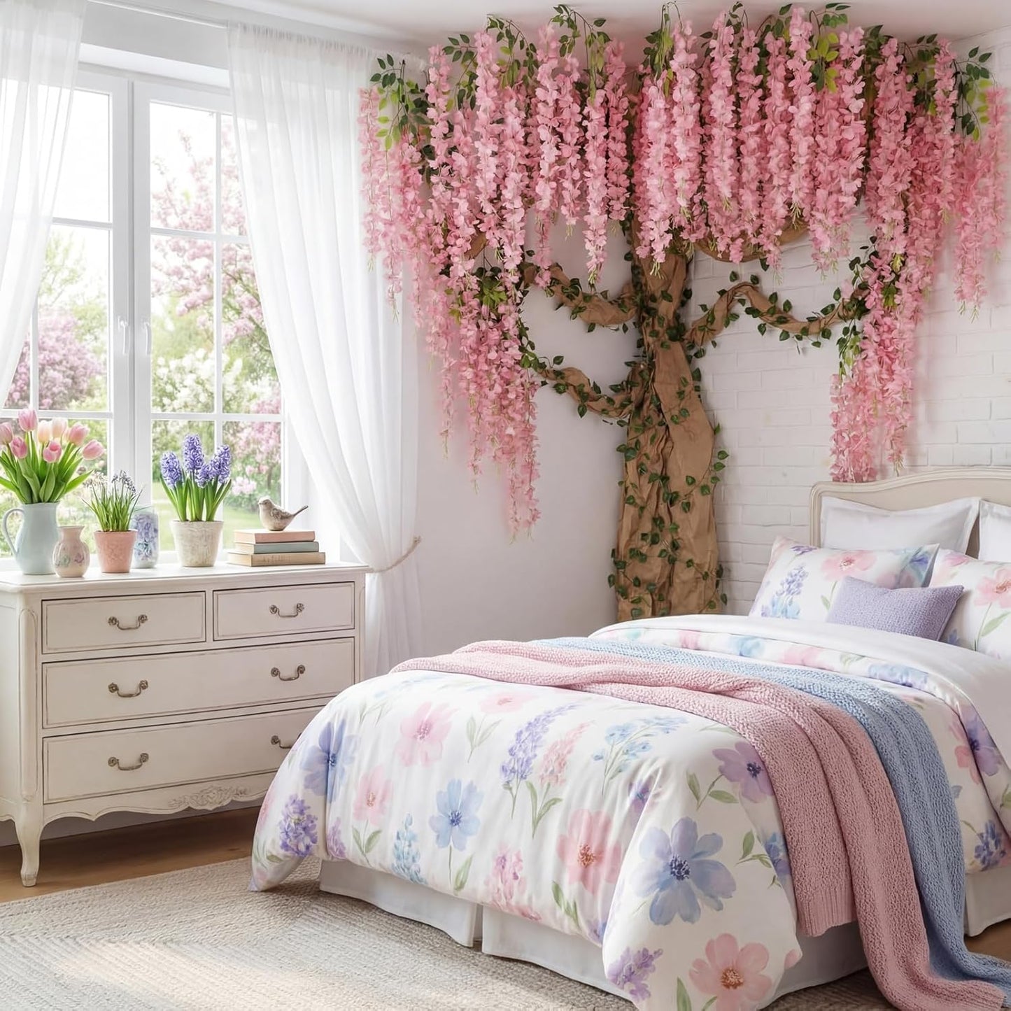3D Wisteria Tree Classroom Tree Wall Decor for Room Ceiling Artificial Wisteria Hanging Garland Vine Cardboard Paper for Fairy Forest Back to School Bulletin Board Decoration DIY(White)