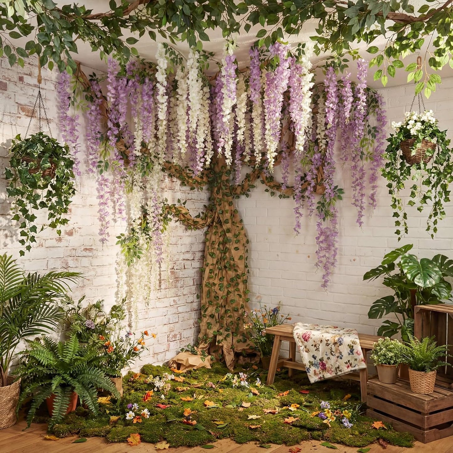 3D Wisteria Tree Classroom Tree Wall Decor for Room Ceiling Artificial Wisteria Hanging Garland Vine Cardboard Paper for Fairy Forest Back to School Bulletin Board Decoration DIY(White)