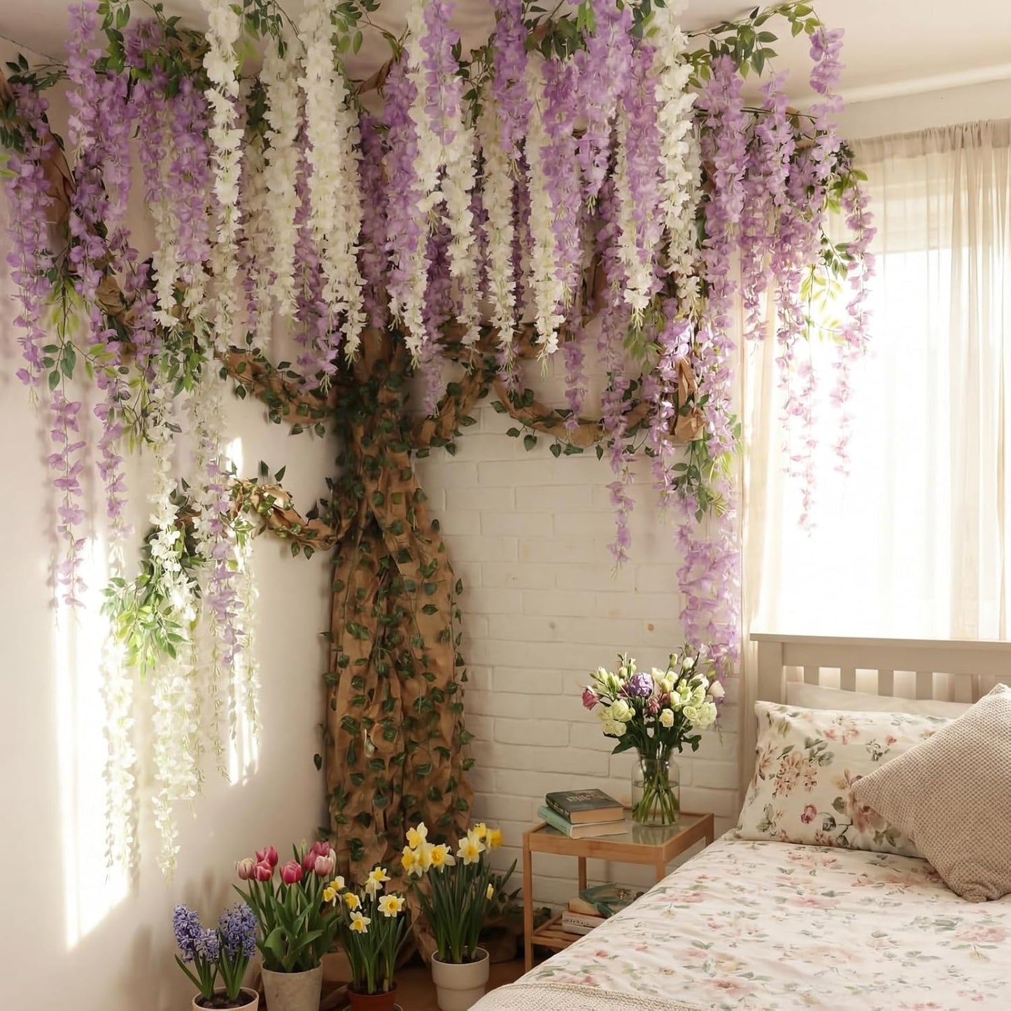 3D Wisteria Tree Classroom Tree Wall Decor for Room Ceiling Artificial Wisteria Hanging Garland Vine Cardboard Paper for Fairy Forest Back to School Bulletin Board Decoration DIY(White)