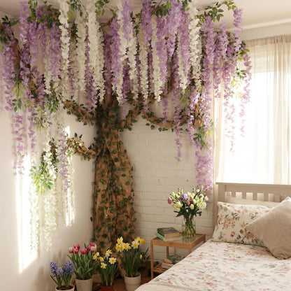 3D Wisteria Tree Classroom Tree Wall Decor for Room Ceiling Artificial Wisteria Hanging Garland Vine Cardboard Paper for Fairy Forest Back to School Bulletin Board Decoration DIY(White)
