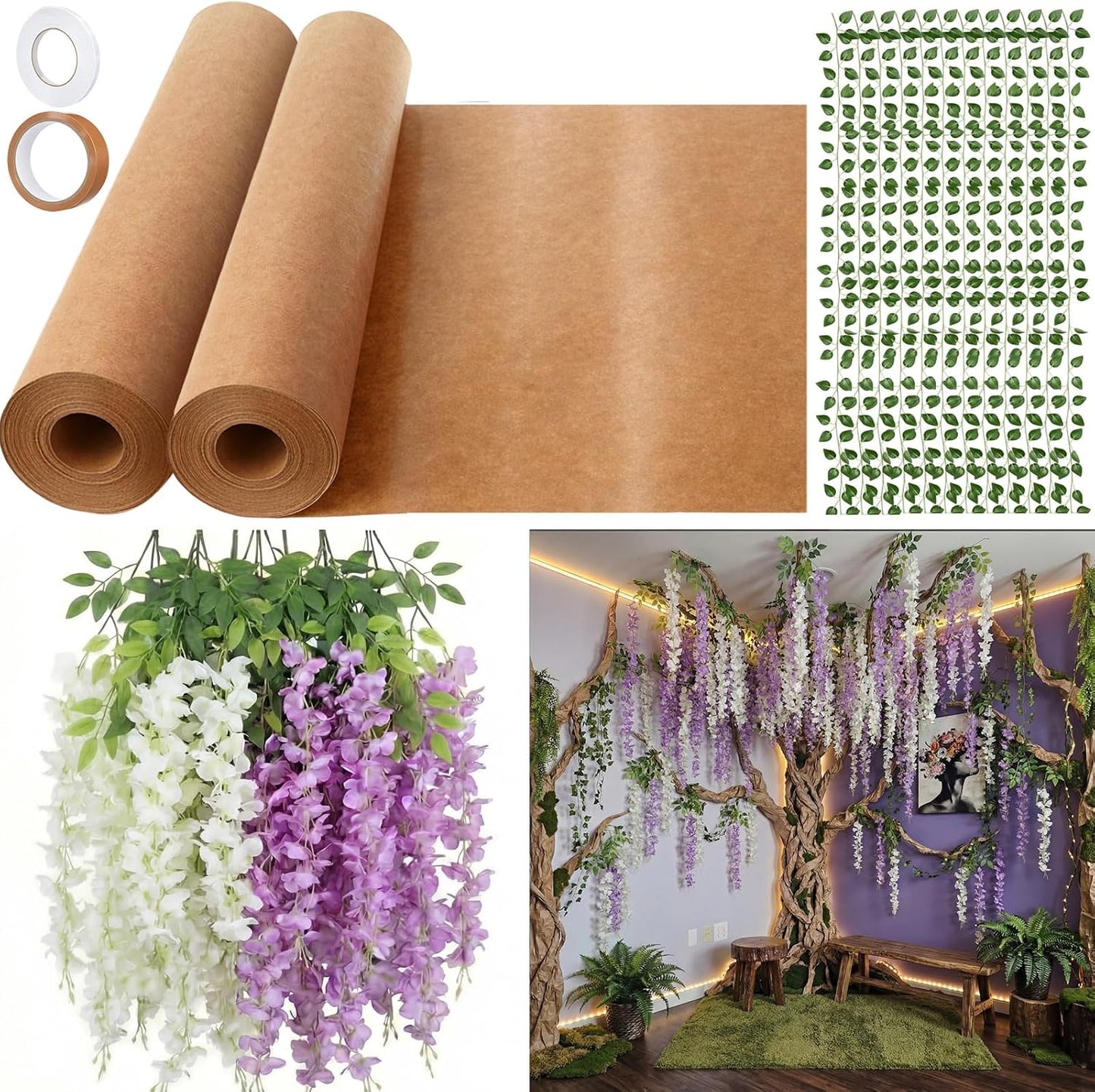 3D Wisteria Tree Classroom Tree Wall Decor for Room Ceiling Artificial Wisteria Hanging Garland Vine Cardboard Paper for Fairy Forest Back to School Bulletin Board Decoration DIY(White)