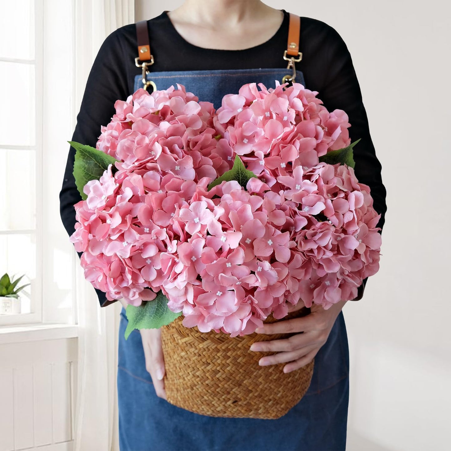 JINWOE Green Hydrangea Artificial Flowers, 5Pcs 20Inch Large Lifelike Faux Silk Flowers, Full Artificial Hydrangeas for Bouquet Table Centerpieces Indoor Spring Outdoor Home