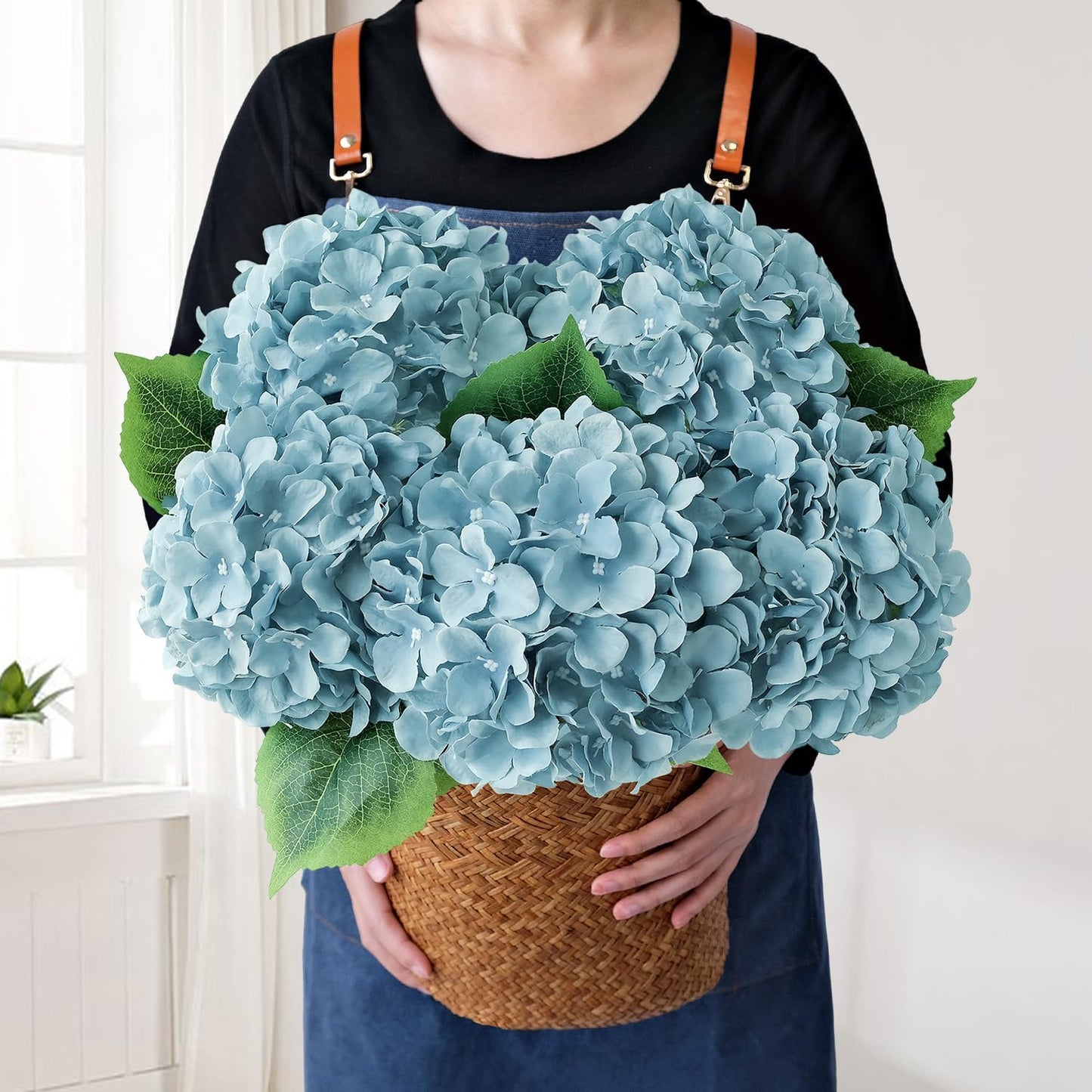 JINWOE Green Hydrangea Artificial Flowers, 5Pcs 20Inch Large Lifelike Faux Silk Flowers, Full Artificial Hydrangeas for Bouquet Table Centerpieces Indoor Spring Outdoor Home