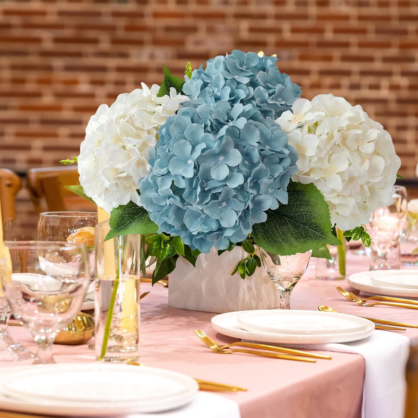 JINWOE Green Hydrangea Artificial Flowers, 5Pcs 20Inch Large Lifelike Faux Silk Flowers, Full Artificial Hydrangeas for Bouquet Table Centerpieces Indoor Spring Outdoor Home