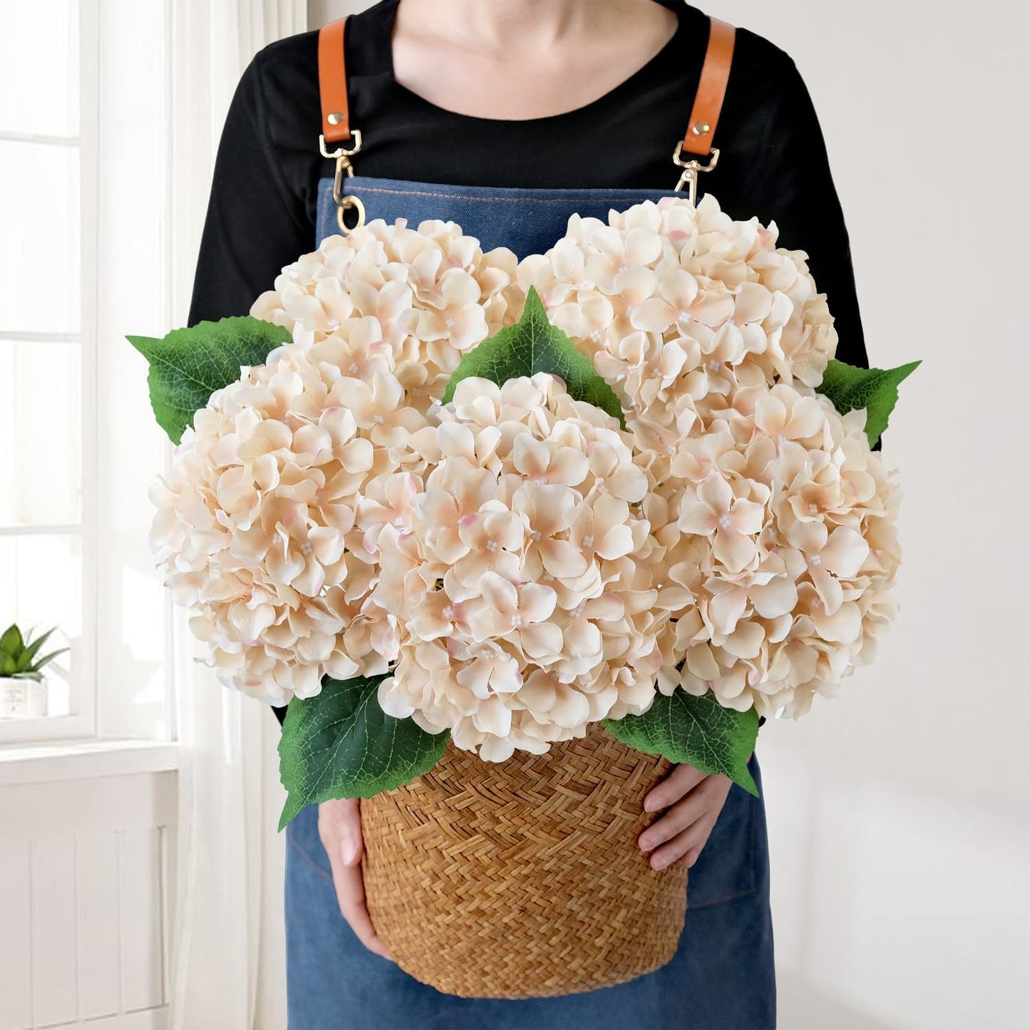 JINWOE Green Hydrangea Artificial Flowers, 5Pcs 20Inch Large Lifelike Faux Silk Flowers, Full Artificial Hydrangeas for Bouquet Table Centerpieces Indoor Spring Outdoor Home