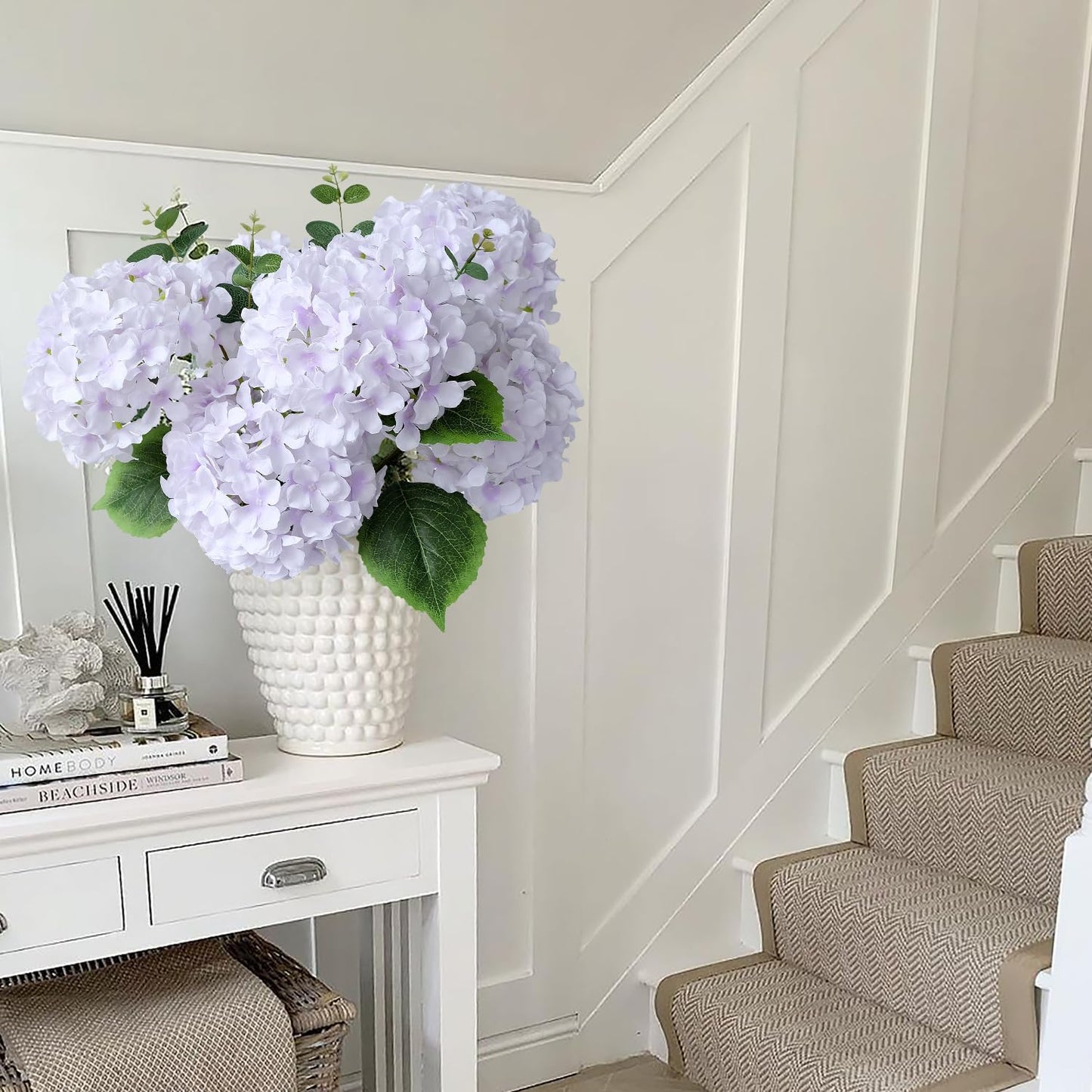 JINWOE Green Hydrangea Artificial Flowers, 5Pcs 20Inch Large Lifelike Faux Silk Flowers, Full Artificial Hydrangeas for Bouquet Table Centerpieces Indoor Spring Outdoor Home