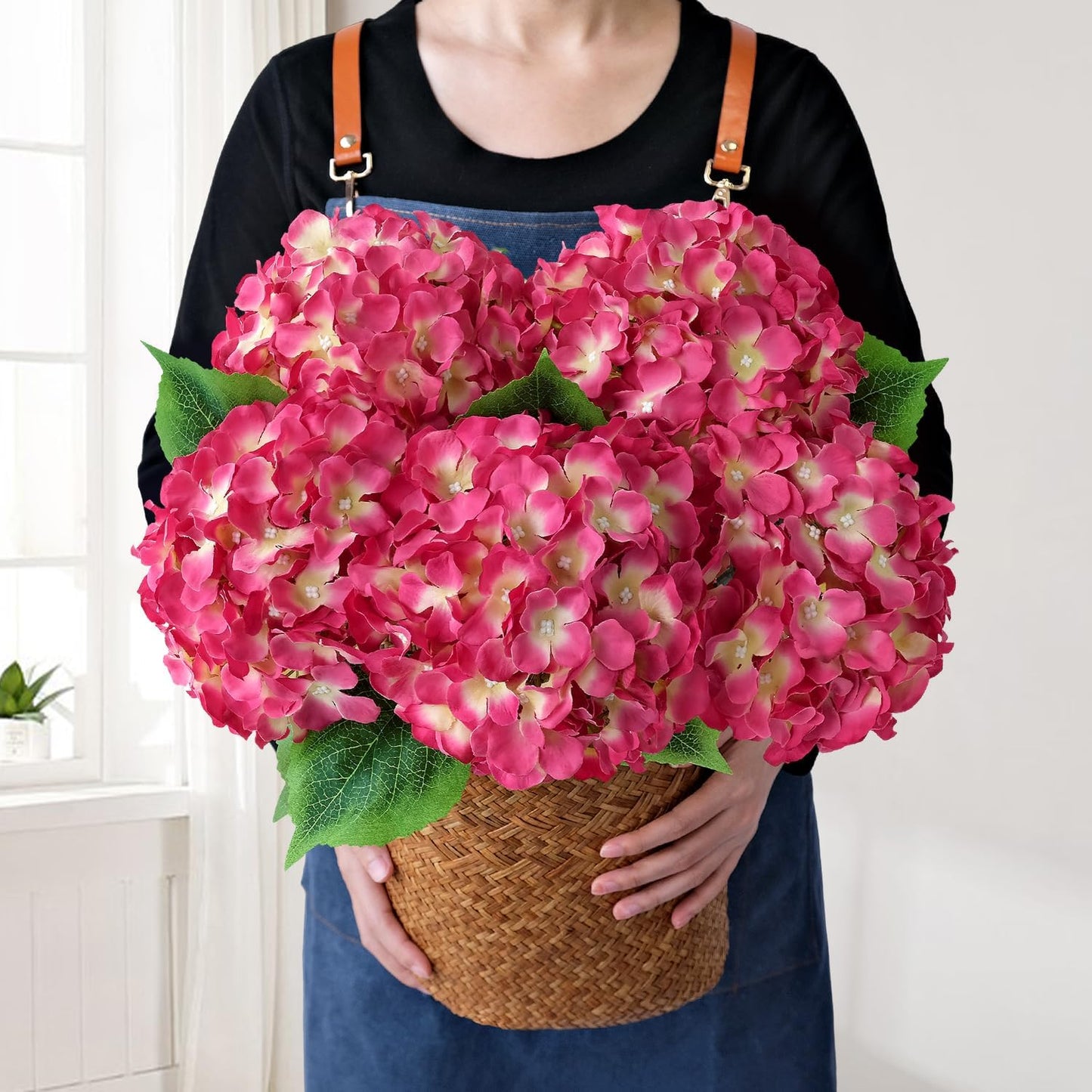 JINWOE Green Hydrangea Artificial Flowers, 5Pcs 20Inch Large Lifelike Faux Silk Flowers, Full Artificial Hydrangeas for Bouquet Table Centerpieces Indoor Spring Outdoor Home