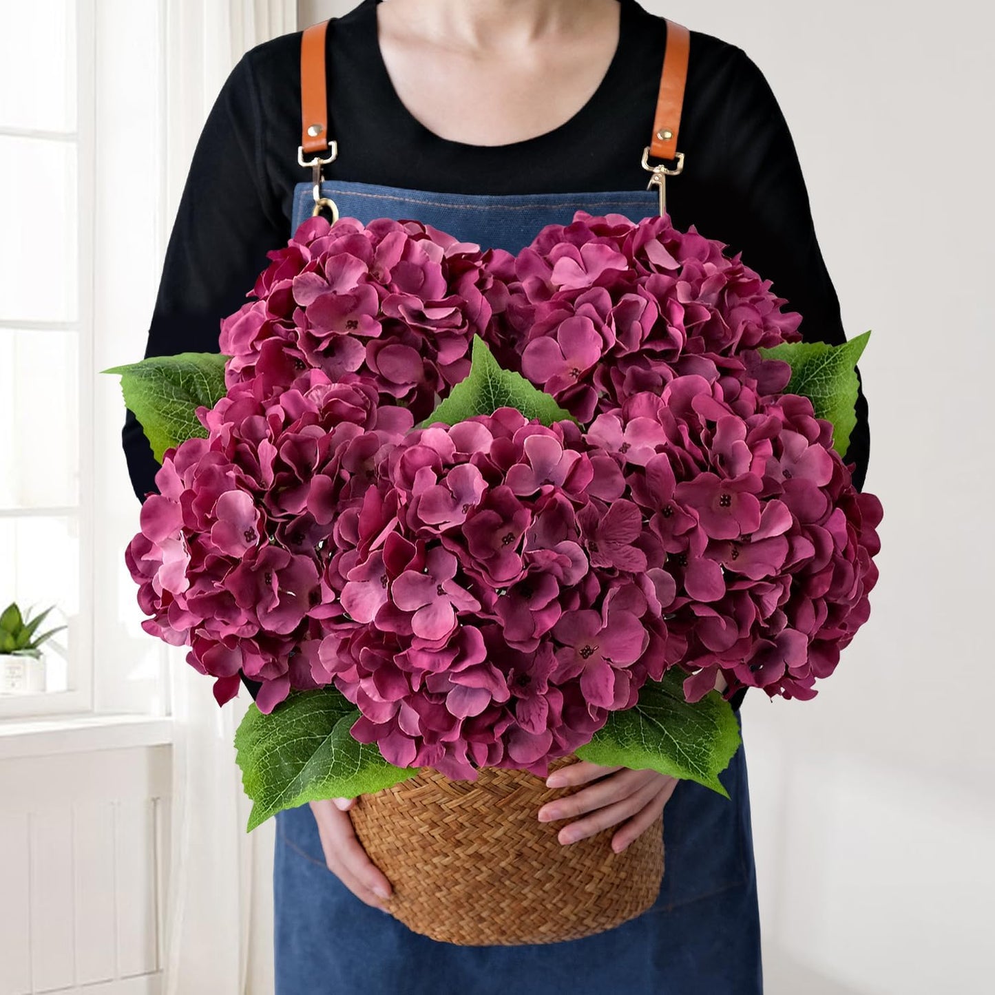 JINWOE Green Hydrangea Artificial Flowers, 5Pcs 20Inch Large Lifelike Faux Silk Flowers, Full Artificial Hydrangeas for Bouquet Table Centerpieces Indoor Spring Outdoor Home