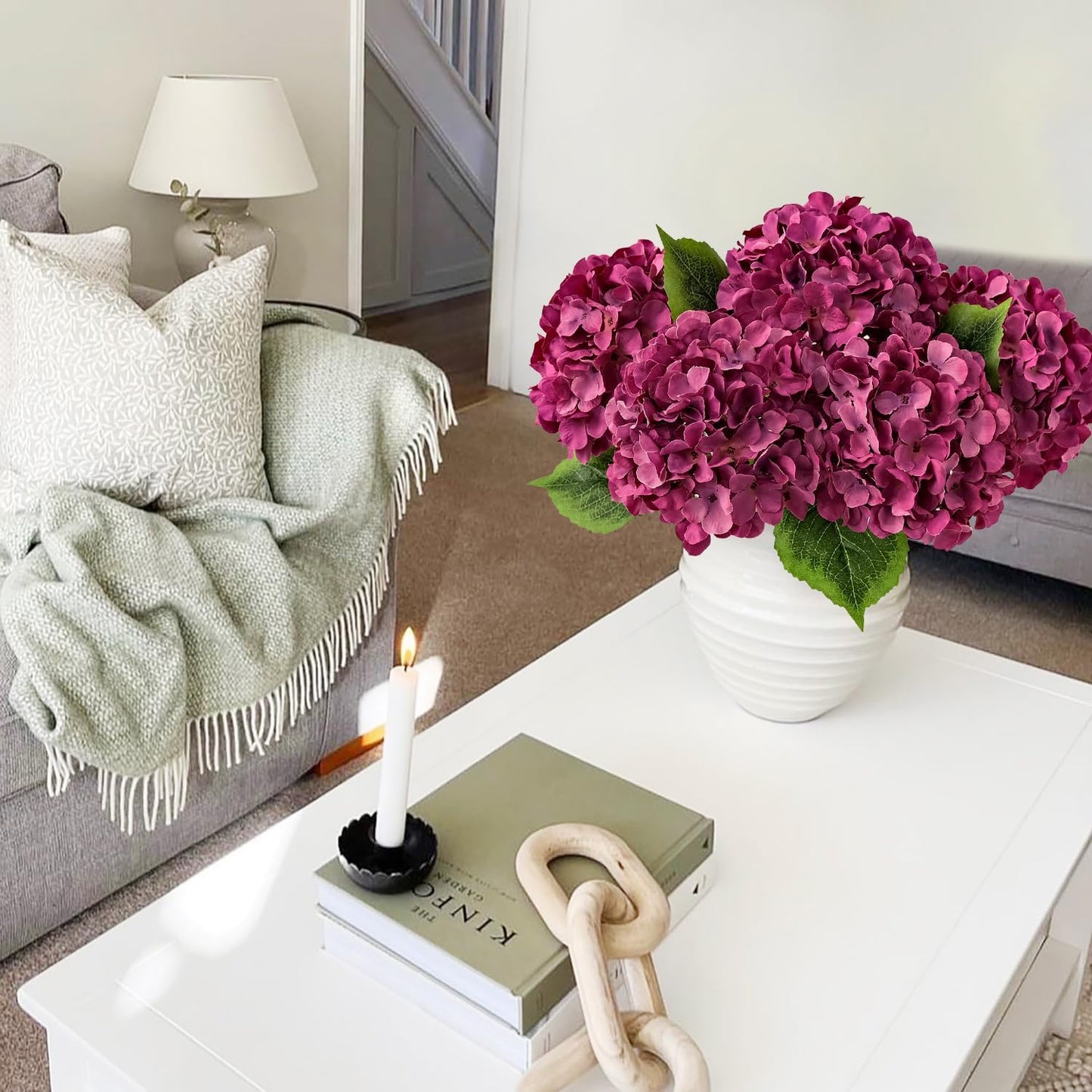 JINWOE Green Hydrangea Artificial Flowers, 5Pcs 20Inch Large Lifelike Faux Silk Flowers, Full Artificial Hydrangeas for Bouquet Table Centerpieces Indoor Spring Outdoor Home