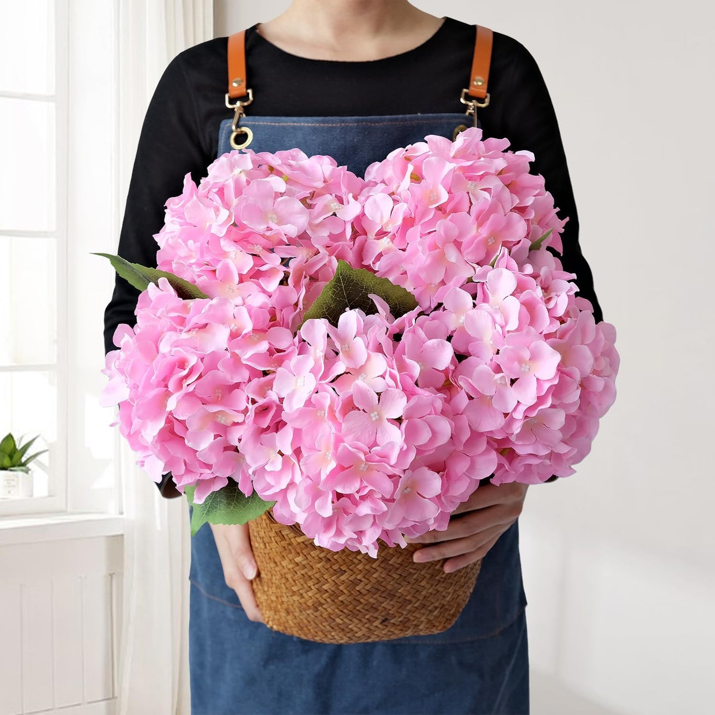 JINWOE Green Hydrangea Artificial Flowers, 5Pcs 20Inch Large Lifelike Faux Silk Flowers, Full Artificial Hydrangeas for Bouquet Table Centerpieces Indoor Spring Outdoor Home