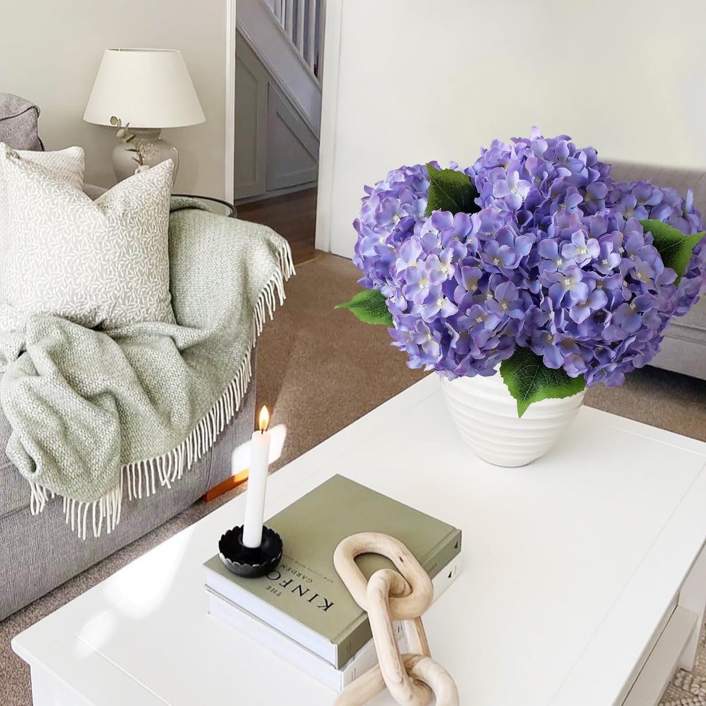 JINWOE Green Hydrangea Artificial Flowers, 5Pcs 20Inch Large Lifelike Faux Silk Flowers, Full Artificial Hydrangeas for Bouquet Table Centerpieces Indoor Spring Outdoor Home