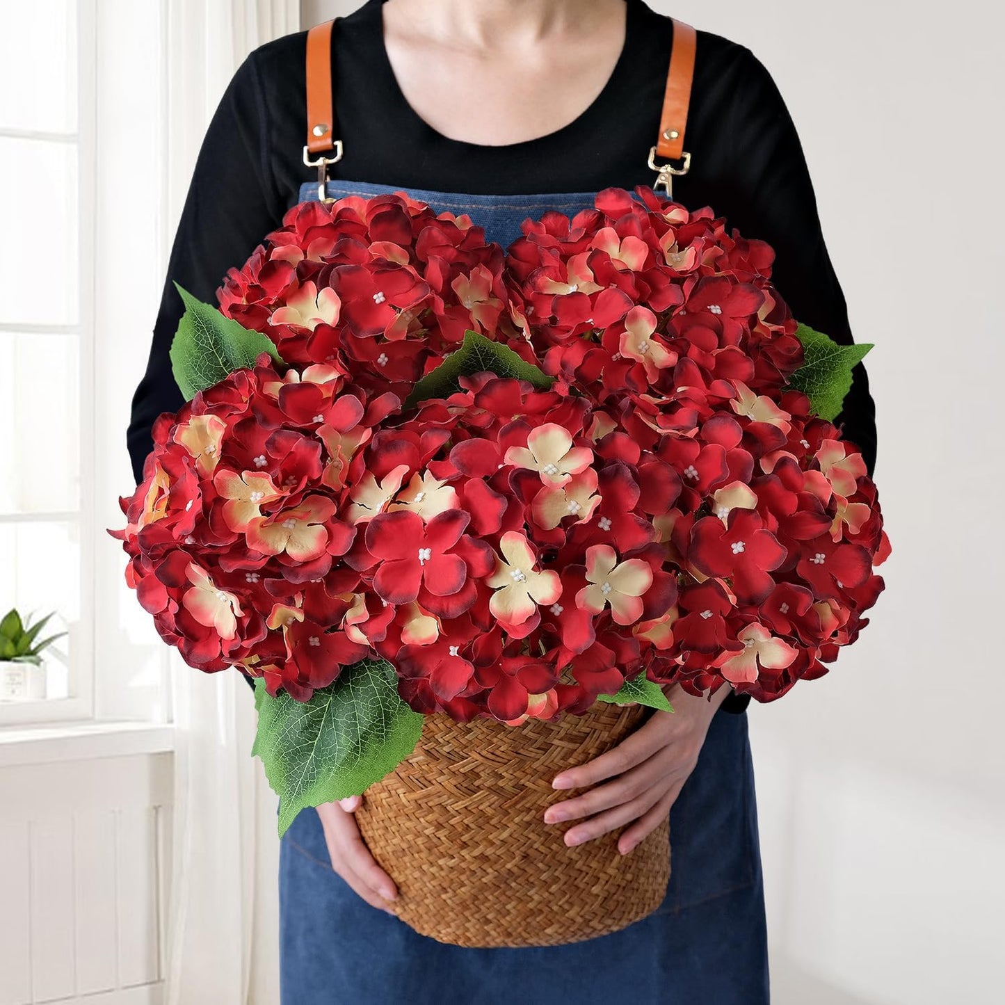 JINWOE Green Hydrangea Artificial Flowers, 5Pcs 20Inch Large Lifelike Faux Silk Flowers, Full Artificial Hydrangeas for Bouquet Table Centerpieces Indoor Spring Outdoor Home