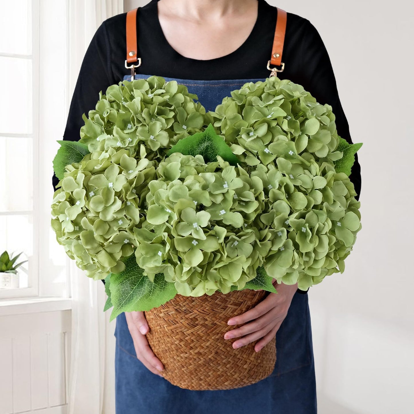 JINWOE Green Hydrangea Artificial Flowers, 5Pcs 20Inch Large Lifelike Faux Silk Flowers, Full Artificial Hydrangeas for Bouquet Table Centerpieces Indoor Spring Outdoor Home
