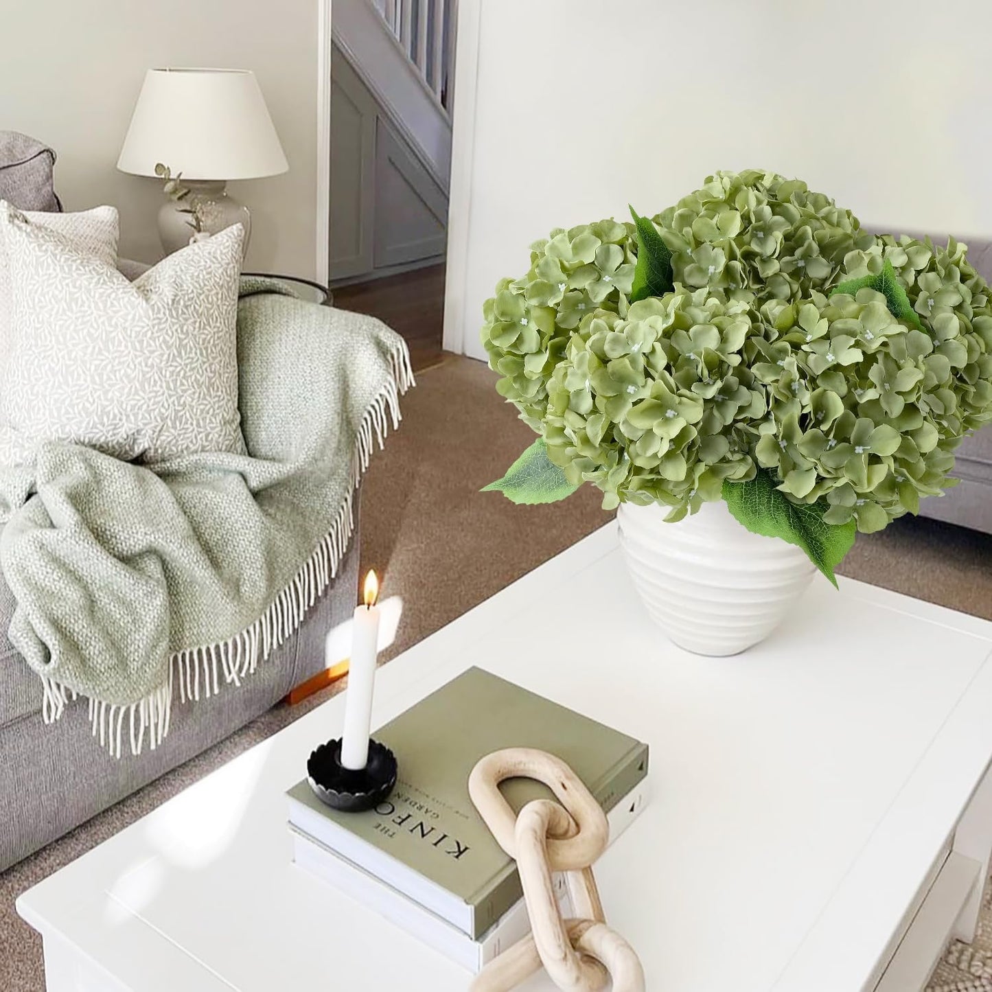 JINWOE Green Hydrangea Artificial Flowers, 5Pcs 20Inch Large Lifelike Faux Silk Flowers, Full Artificial Hydrangeas for Bouquet Table Centerpieces Indoor Spring Outdoor Home