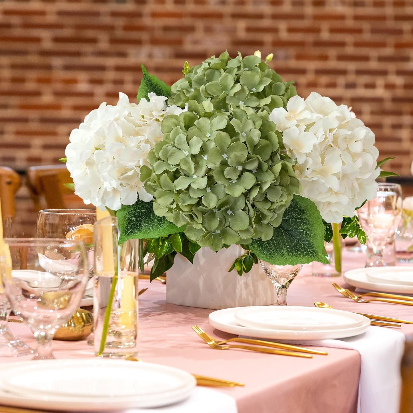 JINWOE Green Hydrangea Artificial Flowers, 5Pcs 20Inch Large Lifelike Faux Silk Flowers, Full Artificial Hydrangeas for Bouquet Table Centerpieces Indoor Spring Outdoor Home